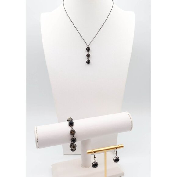Gunmetal & Black Smokey Rhinestone Y Necklace Bracelet Drop Earring Set - Picture 1 of 10